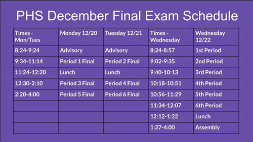 PHS December Final Exam Schedule